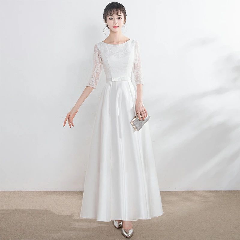 再入荷品シアー袖 2L レース ドレス 3L Aライン 白 袖あり 花柄 小さいサイズ ロングドレス 五分袖 結婚式 大きいサイズ 花嫁 二次会 4L ウエディングドレス ウエストマーク ホワイト ウ