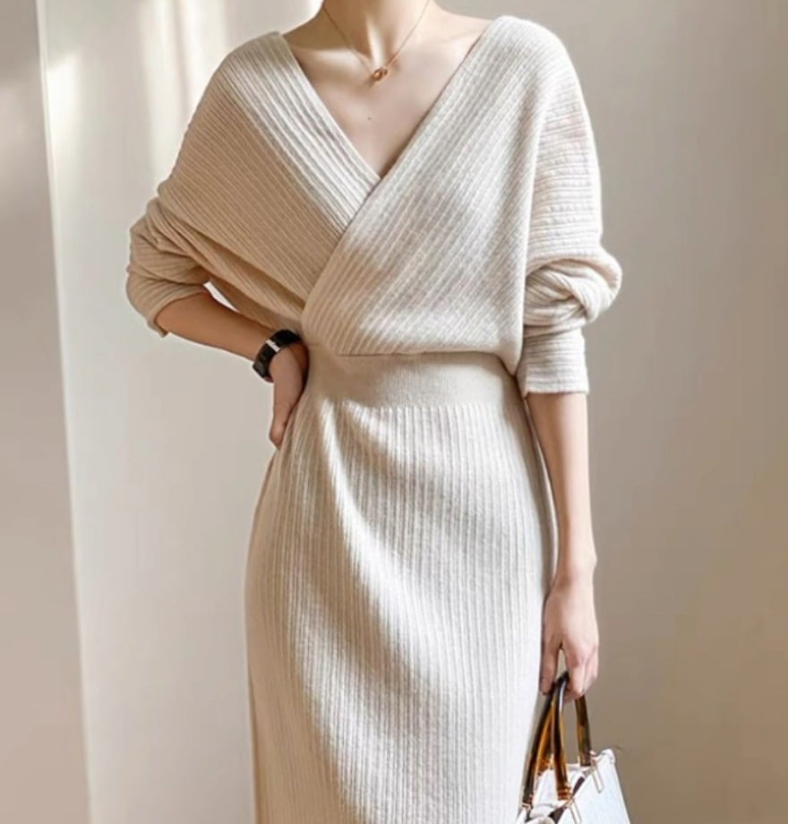 ワンピース デート モテアイテム ニットワンピ ミモレ丈 長袖 カシュクール スリム タイト リブニット ウール 可愛い きれいめ 上品 おしゃれ かっこいい 可愛い ラブリー キュート