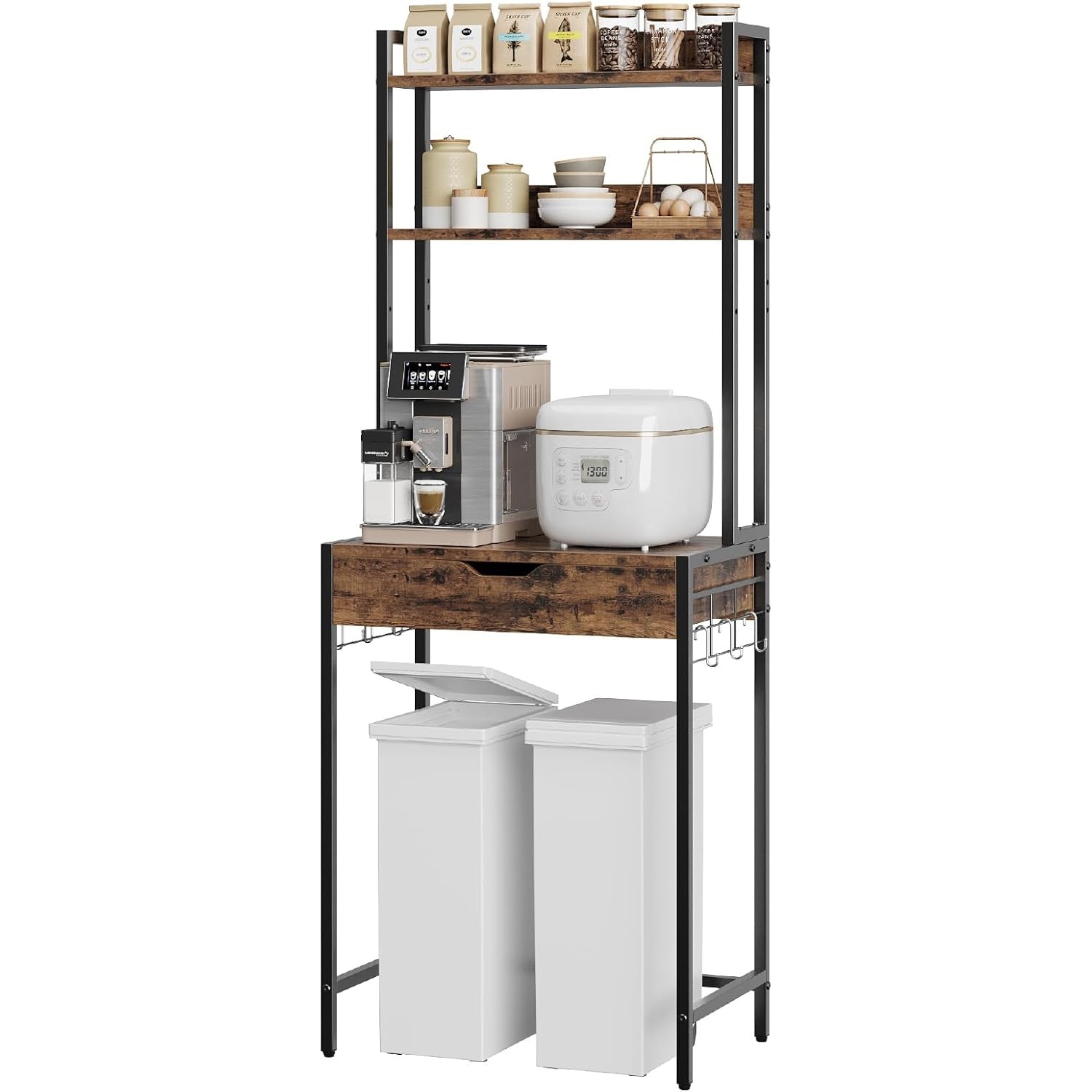ゴミ箱上ラック 幅64×奥行40×高さ170cm キッチンラック ゴミ箱上収納 レンジラック 引き出し付き スリム 頑丈設計 耐荷重54kg 大型電子レンジ対応 レンジ台 炊飯器ラック
