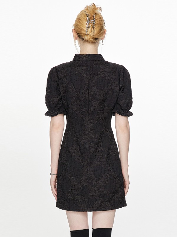 フレンチブラックテクスチャ半袖ドレス女性ニッチデザインパフスリーブスリムウエストチャイナドレス女性