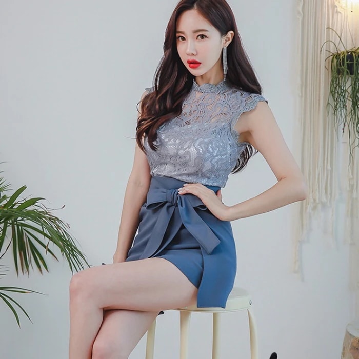 レーストップス 巻きスカート セットアップ ブラウス ミニスカート ミニ ミニ丈 袖なし ノースリーブ スタンドカラー スリム タイト 細身 Iライン レース リボン ウエストリボン ハイウエスト