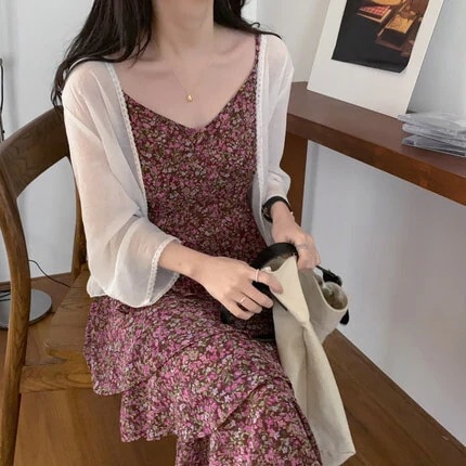 ワンピース カーディガン レディースファッション 大きいサイズ XL レース 刺繍 柄物 透け感 シースルー 2点セット 小花柄 柄物 マキシ丈 フリル フェミニン 大人可愛い リゾート 5,260円