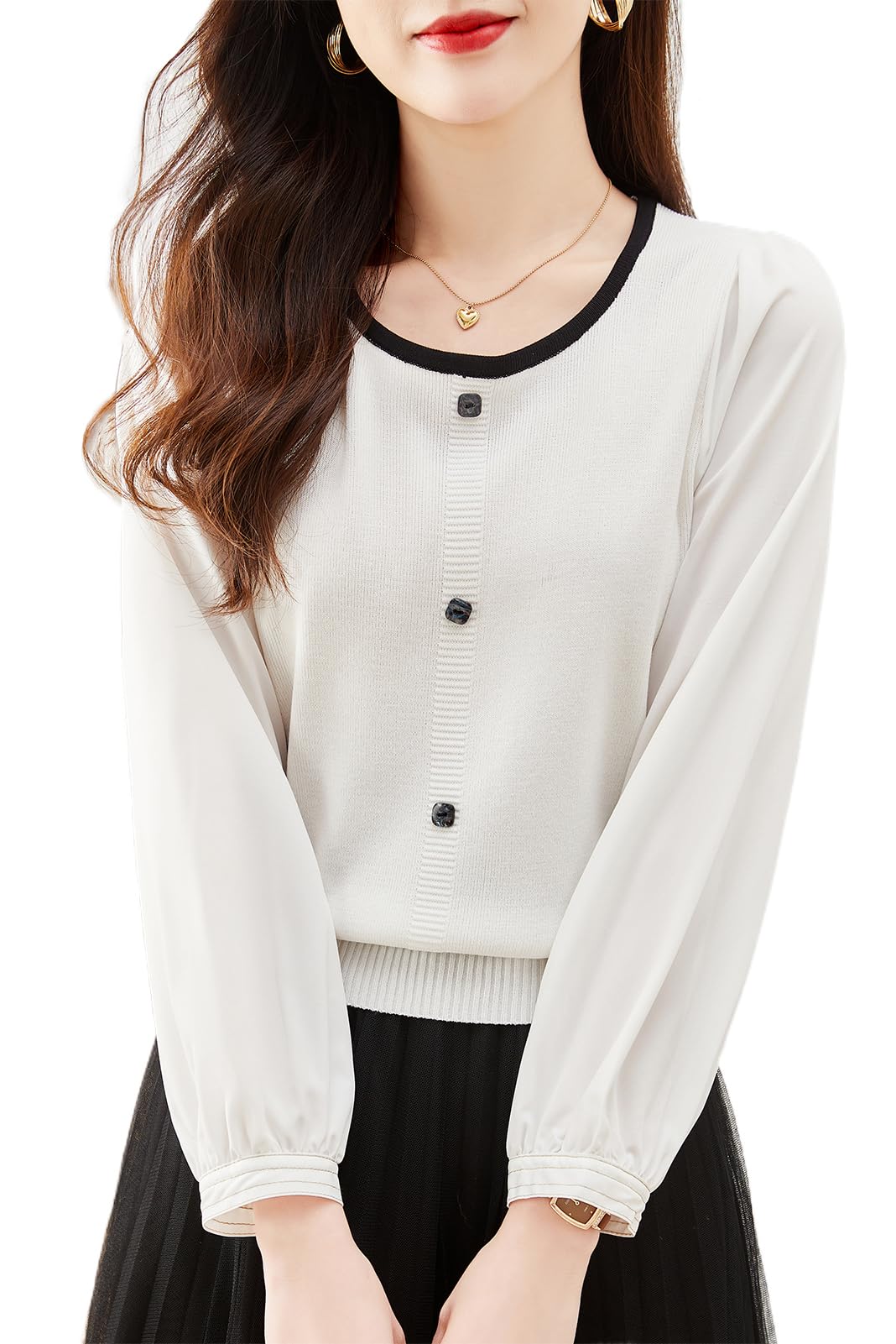 ニット トップス レディース ブラウス 長袖 プルオーバー クルーネック カットソー 切り替え 上着 大人 きれいめ おしゃれ 秋 冬 春