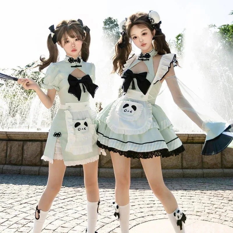 ロリータ 二次元 ロリータ改良チャイナドレス ワンピース+エプロン 二点セット 可愛 いメイド服ハロウィンクリスマスパーティー仮装30%までに制限