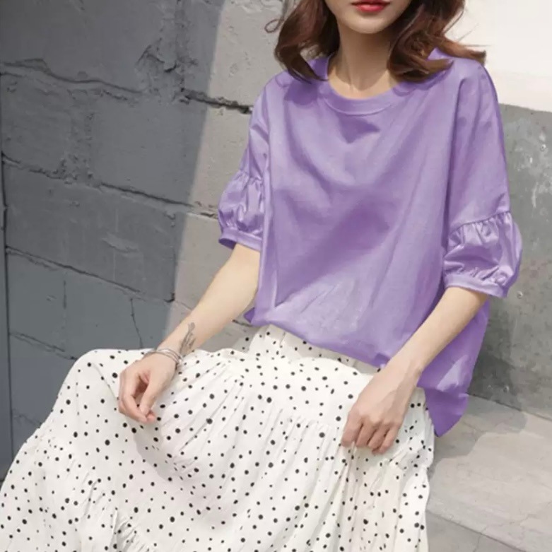 トップス シャツ ブラウス 白トップス 5分袖 五分袖 ボリューム袖 パフスリーブ Uネック ラウンドネック ワイド 綿 コットン かわいい 大人可愛い きれいめ シンプル カジュアル 大人 上品