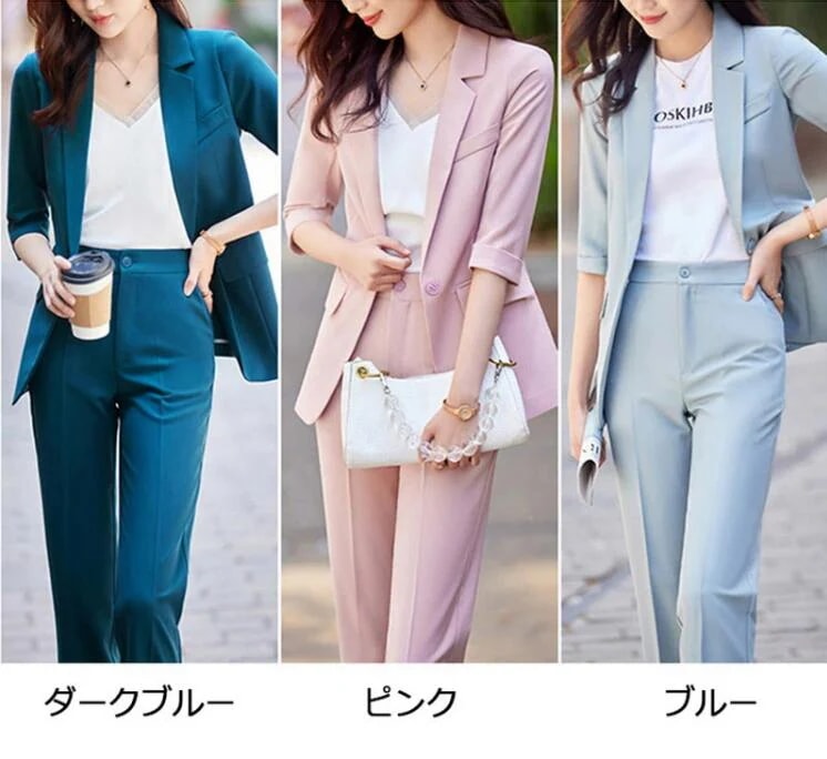 営业促进 全3色 スーツ レディース パンツスーツ 夏 カジュアル 韓国風スーツ オシャレ ブルー ピンク セレモニースーツ 2点セット 通勤 OL ５分丈ジャケット カラースーツ セットアップ 2点