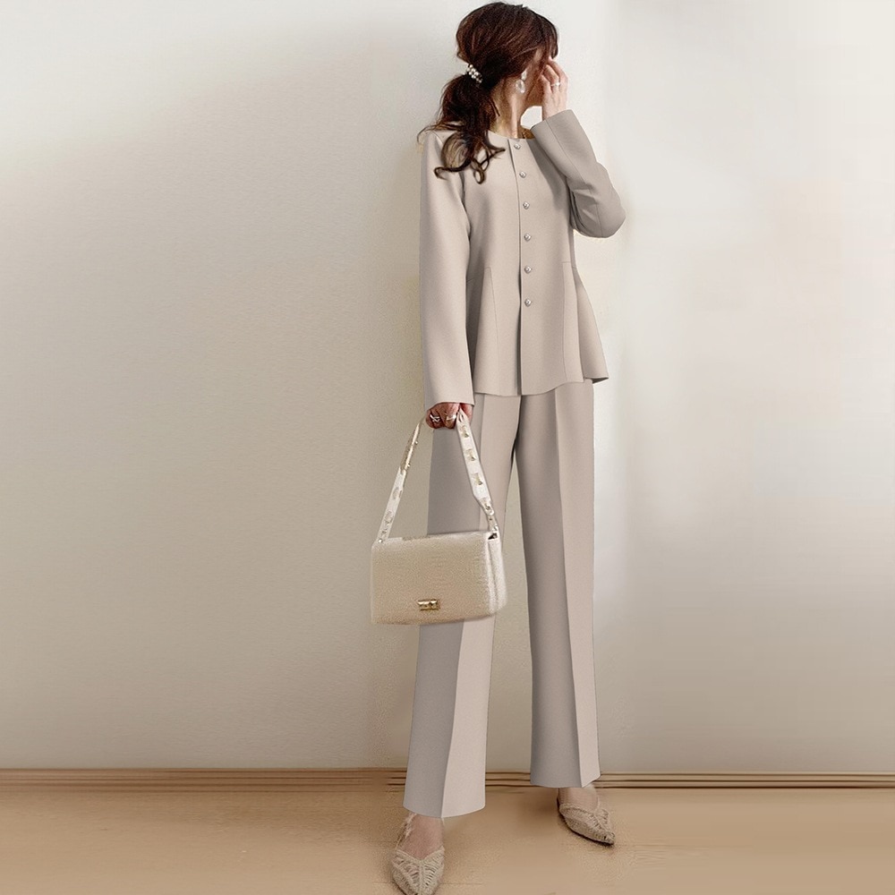 【人気沸騰】 ラウンドネック きれいめ系 結婚式 葬式 お通夜 お盆 定番 通勤/OL ロング丈 シンプル 七五三 お宮参り 入学式 卒業式 ボタン ギャザー フォーマルセット