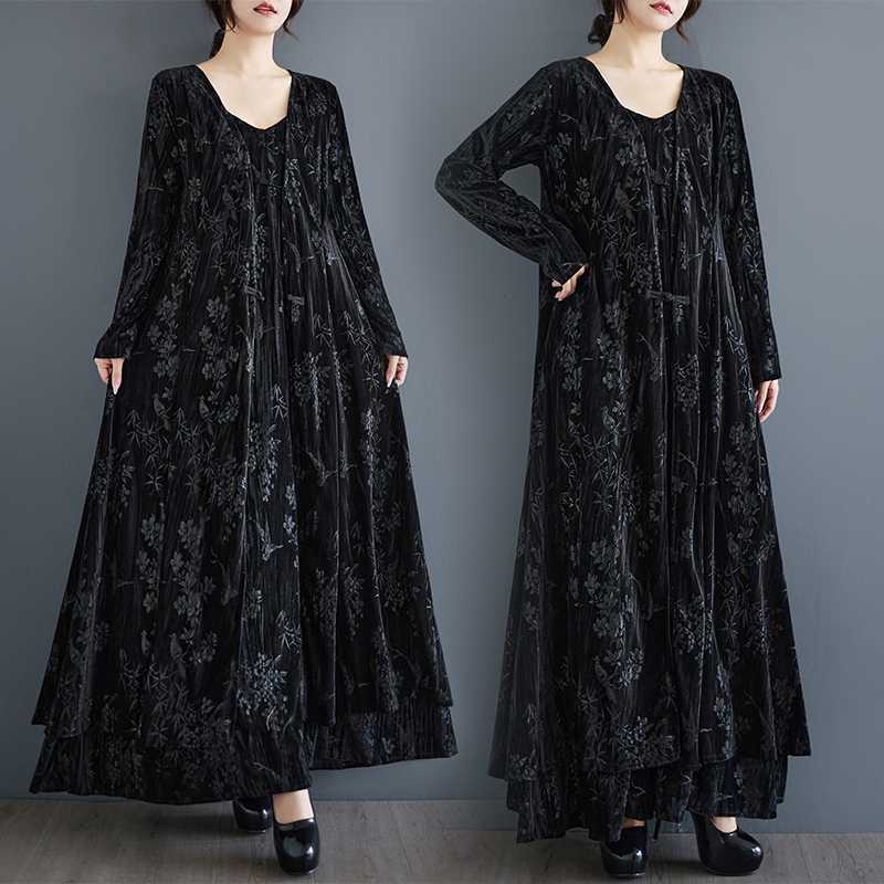 「ファットガール」 2024秋新品 レース ベルベット ロングカーディガン ワンピース風 アウター 大きいサイズ 体型カバー レディース ロングコート メガ割30%までに制限