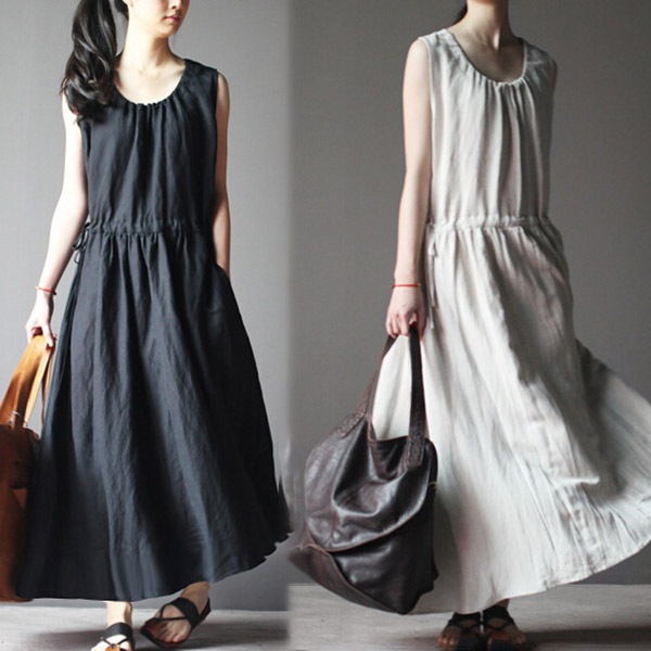 ワンピース 白 ベージュ黒 即納 ロング マキシワンピ ノースリーブ 3色 綿麻 リネン u1772