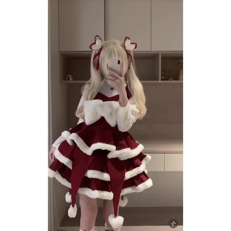 ロリータクリスマス新年の摩耗かわいい十代の女の子のトップス蝶結びホルタースカート秋と冬のセット和服コスチュームコスチューム