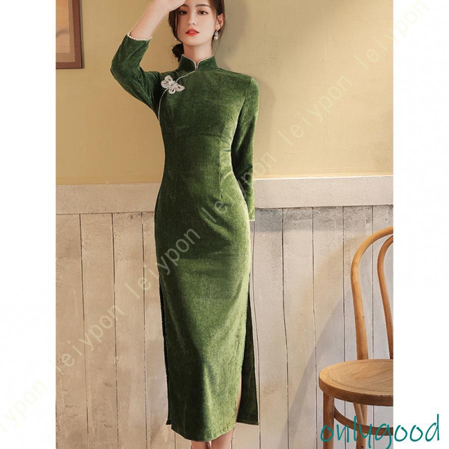 レディース チャイナドレス 長袖 ロング丈 民族風 春秋冬 ナチュ タイト 体型カバー カジュアル 復古 ベット ドレス 膝丈