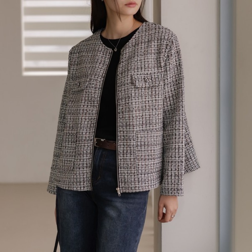 (Elysia) サイトツイードラウンドジップアップジャンパー