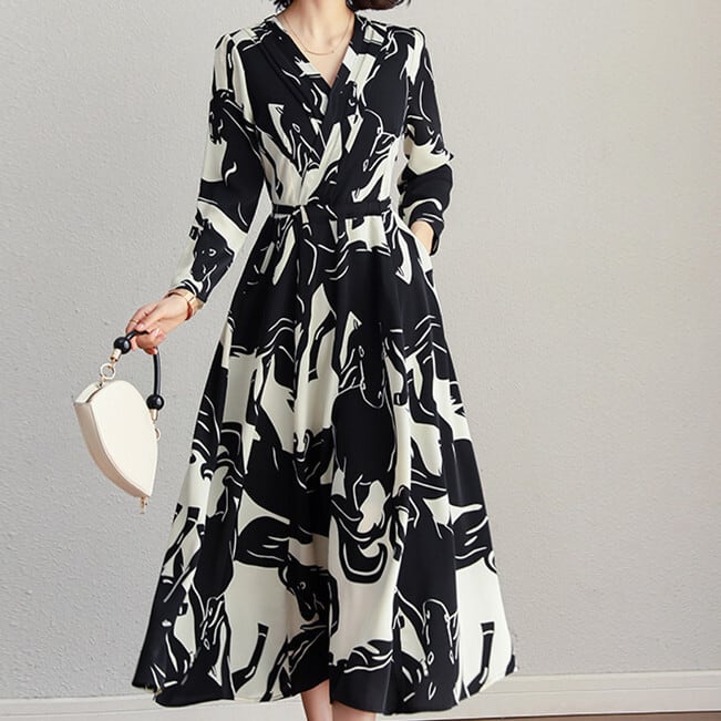 ワンピース 上着 人気 おすすめ おしゃれ お洒落 激安 安い プチプラ 長袖 ロング Vネック Aライン ロングスカート ウエスト 柄 花柄 プリント ふんわり 可愛い かわいい 韓国 l