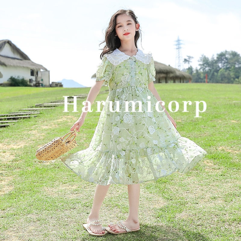 キッズ ワンピース 子供服 女の子 夏 シフォン半袖ワンピース 韓国子供服 花柄ワンピース 刺繍折り襟 キッズワンピース 子供ワンピース 女の子ワンピース 子ども服 中学生 通学 薄手 涼しい七五三