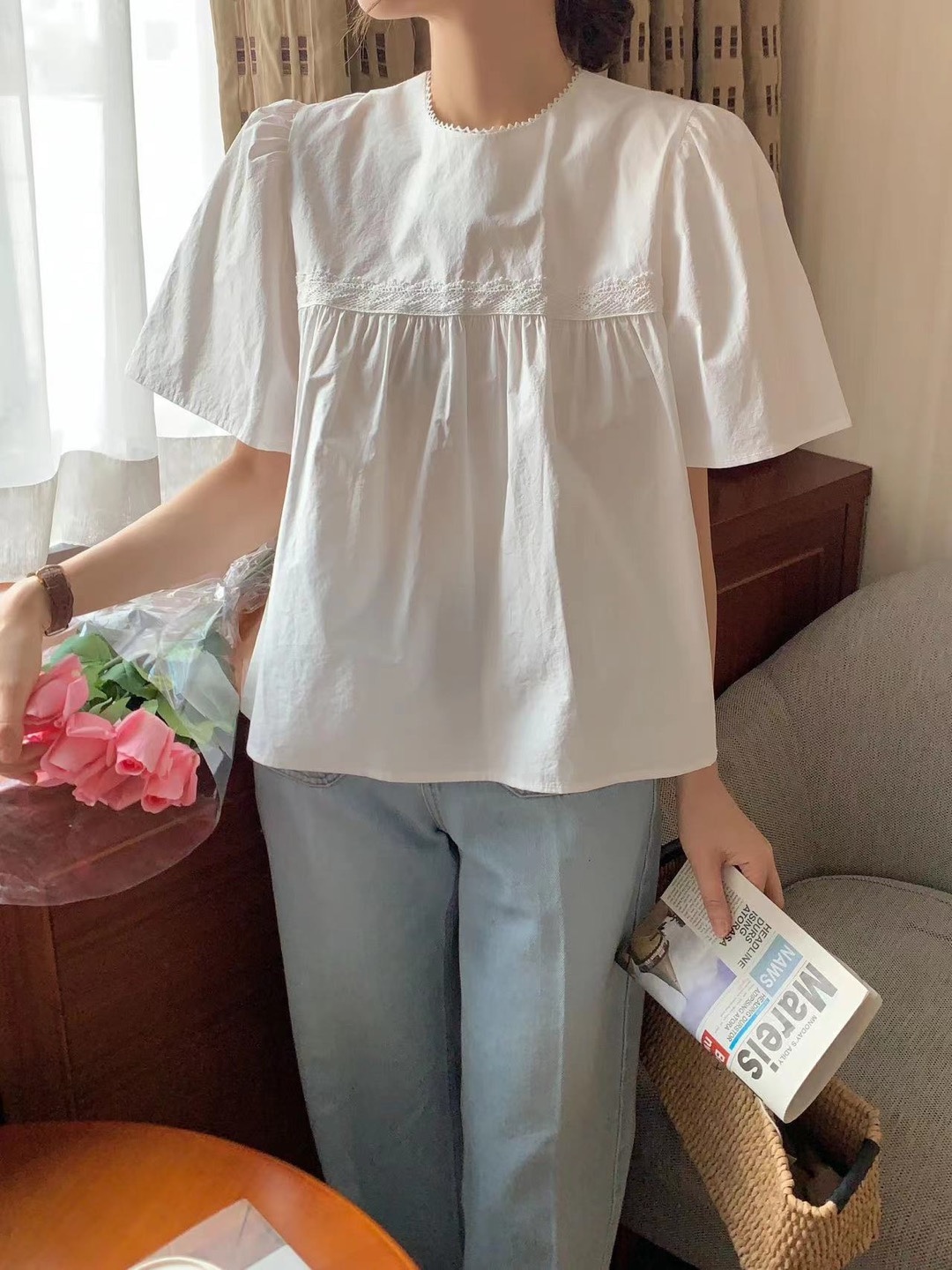 高級コットン　春夏　ホワイトレディースシャツブラウス　韓国