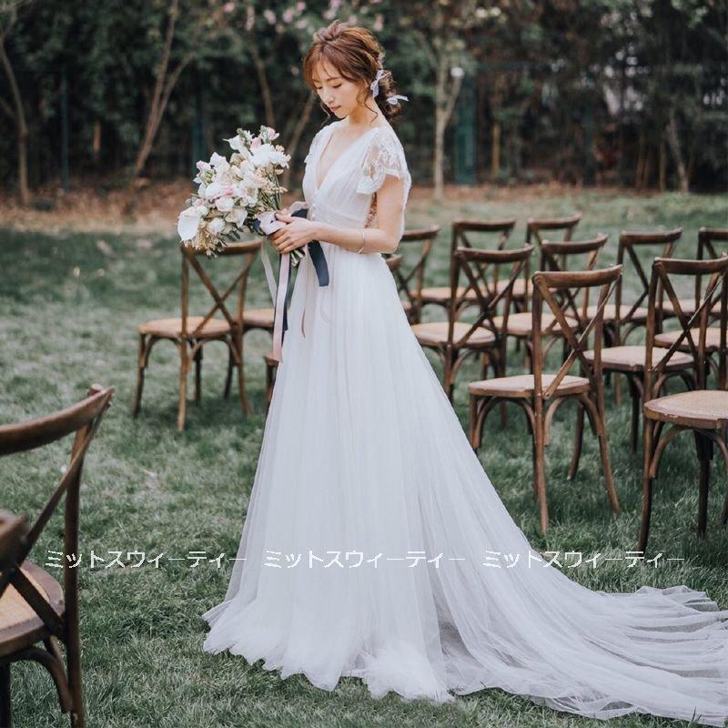 韓国ファッション前撮り レース リゾートドレス チュール 結婚式 二次会 花嫁 エレガント ウェディングドレス Vネック 白 ロングドレス トレーン ウエディングドレス ワンピース