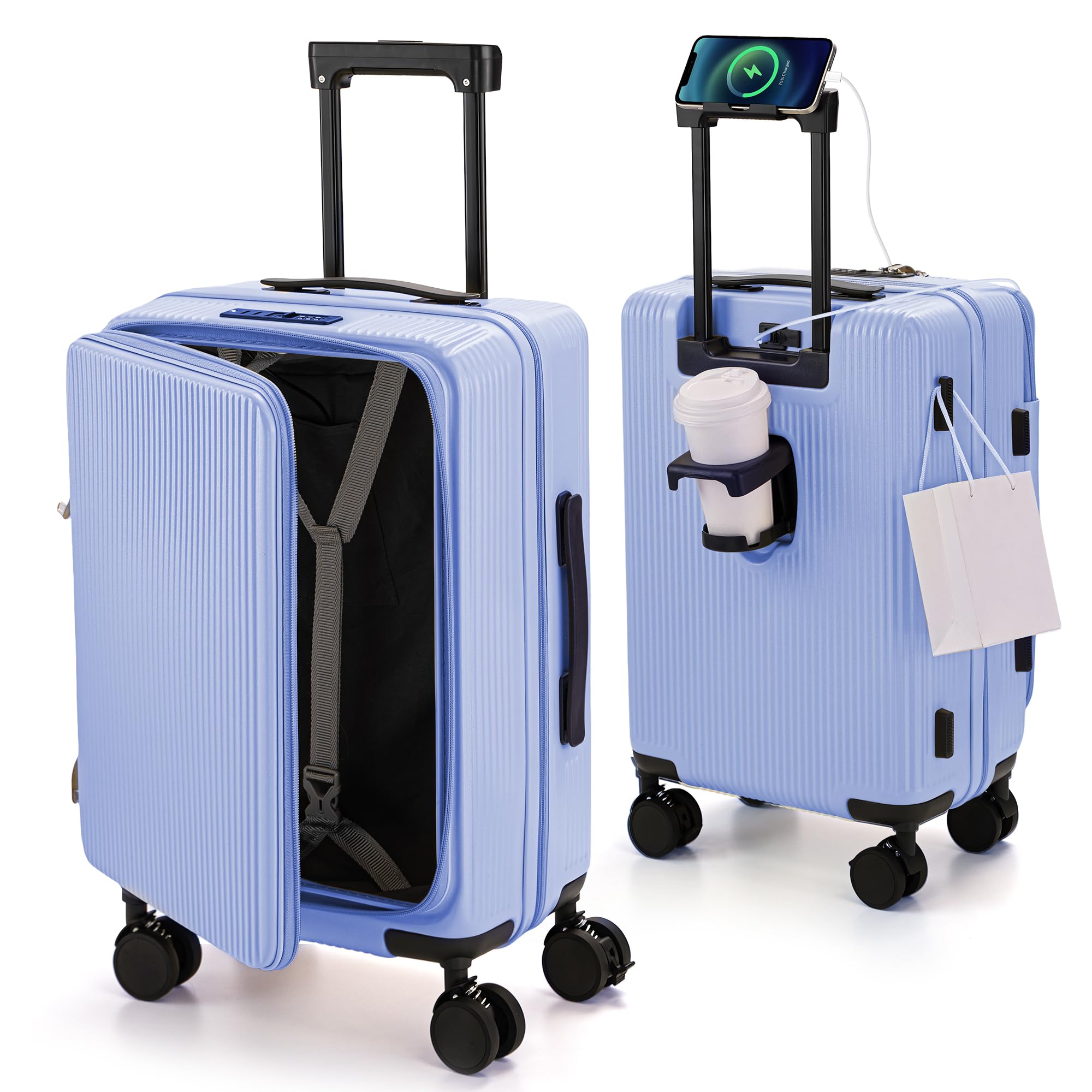 [RIMUKE] スーツケース 機内持ち込み キャリーケース 多機能 片開き 拡張機能付き キャリーバッグ フロントオープン USBポート付き カップホルダー付き 隠しフック機能 超軽量 耐衝撃 静音