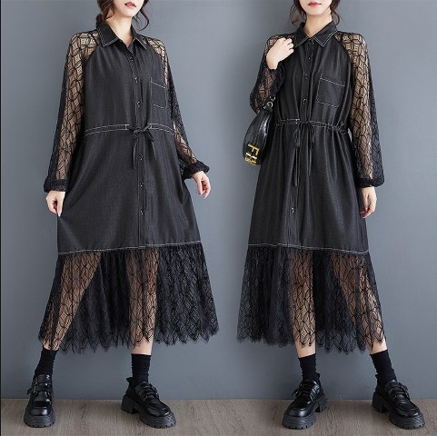 高品質新入 [高品質]ロングワンピース 長袖 透け感 レース ゆったり かわいい フリル お出かけ デート レディース【大きいサイズ レディース 春夏 結婚式 きれいめ タイト フォーマル 大人 上品