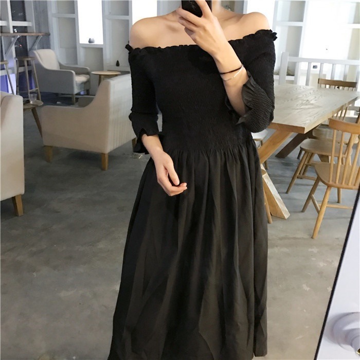 1672.オフショルダーハイウエストロングワンピース（ブラック）2019 春夏 sale 女子会 リゾート 海 ビーチ お呼ばれ パーティー 普段使い 通学