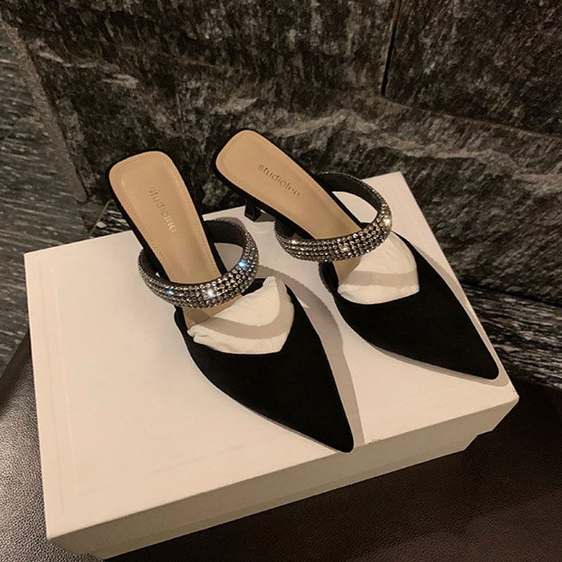 シープスキンフレンチハイヒールズレディースバッグピースサンダルラインストーン薄いかかとを尖ったつま先シングルシューズセクシーなバッグツーセミスリッパー