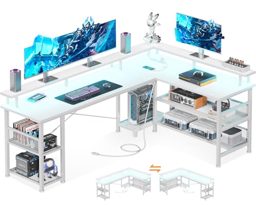 ゲーミングデスク パソコンデスク L字型 コンセント LEDライト収納棚付き 幅168cm ホワイト 25,105円