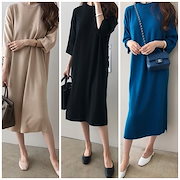 Qoo10 スリット ニットワンピース シンプル 可 レディース服 Qoo10 スリット ニットワンピース シンプル 可 レディース服