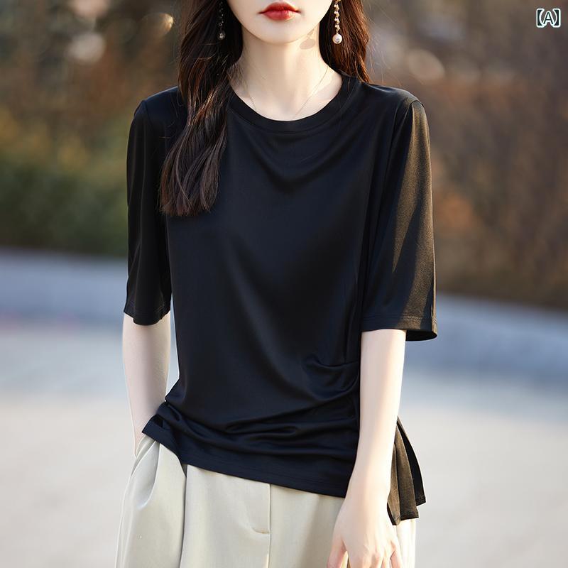 レディース ファッション トップス シンプル おしゃれ レディース ファッション トップス アセテート 半袖 Tシャツ 春夏 薄手 涼しい 涼しい ラウンドネック おしゃれ オシャレ 海外 風 Tシャ