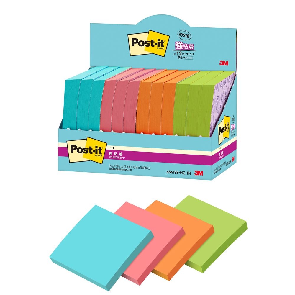（まとめ買い）ポストイット 強粘着ノートふせん マルチカラー1 75x75mm 90枚x12パッド 増量タイプ 6541SS-MC-1N [x3]