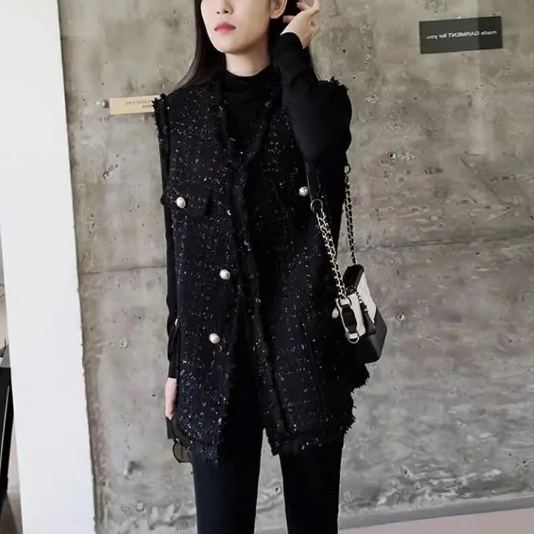 冬春Vネックジャケットレディースおしゃれツイードベストツイードカジュアルジレフォーマル上品レイヤード重ね着かわいい秋きれいめエレガントフェミニンゆったり大きいサイズ黒ブラック入学式卒業式母親ママトップ