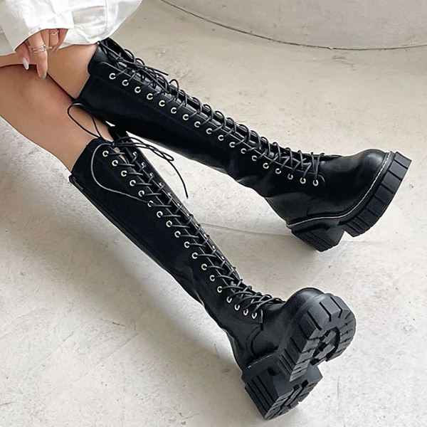 ロングブーツ ラウンドトゥ レースアップ サイドジップ