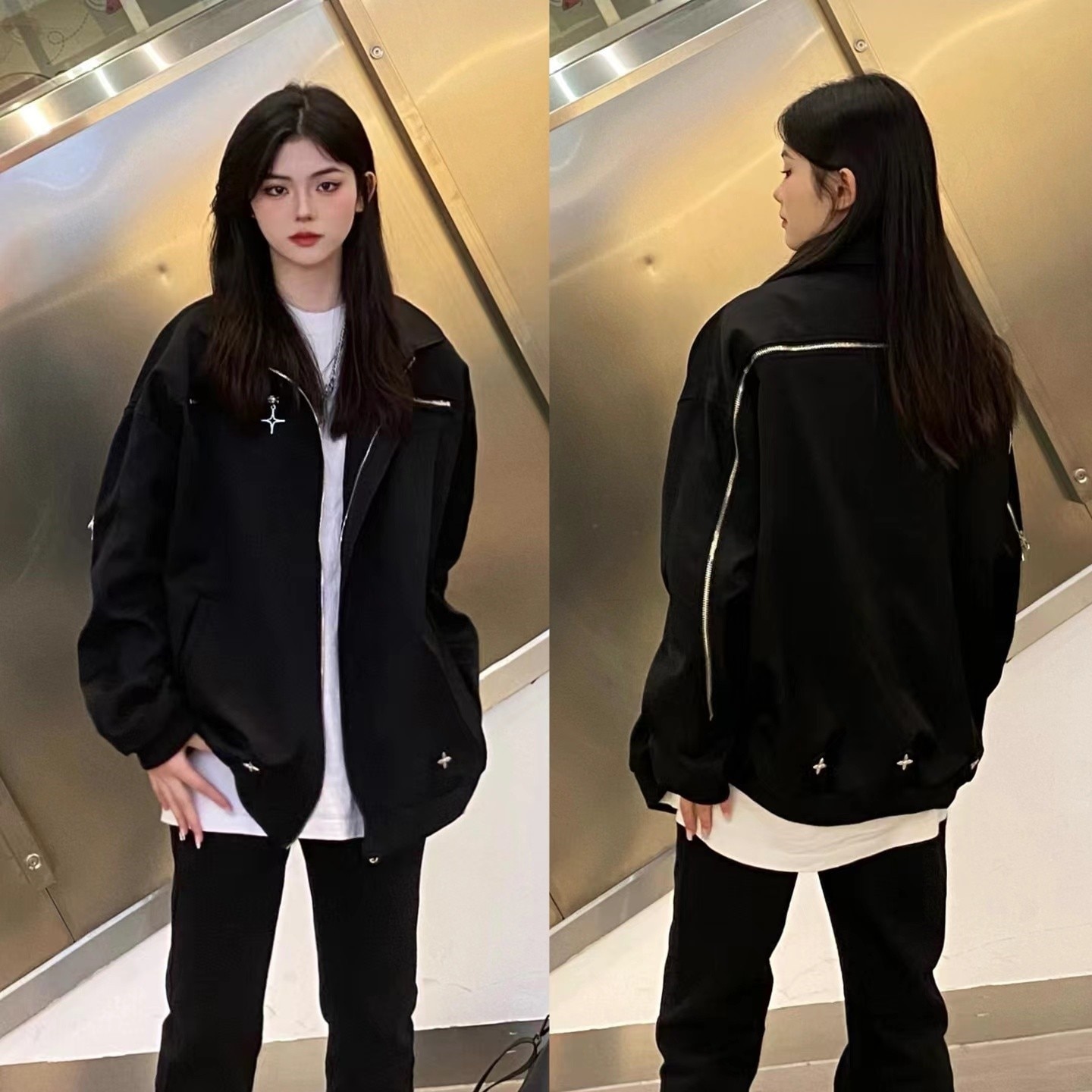 アウター ジャケット 長袖 襟付き 前開き ファスナー 胸ポケット ショート丈 かわいい 大人可愛い きれいめ シンプル 上品 おしゃれ かっこいい カジュアル レトロ こなれ感 個性的 主役級