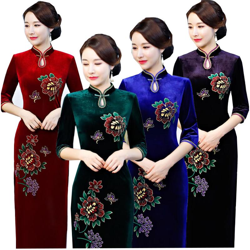 ベルベット素材ロング丈チャイナドレス　ママドレス　ママの日　手作りスパンコール刺繍マキシ丈チャイナドレス　古典漢服唐装　日常チャイナワンピース　美シル30%までに制限