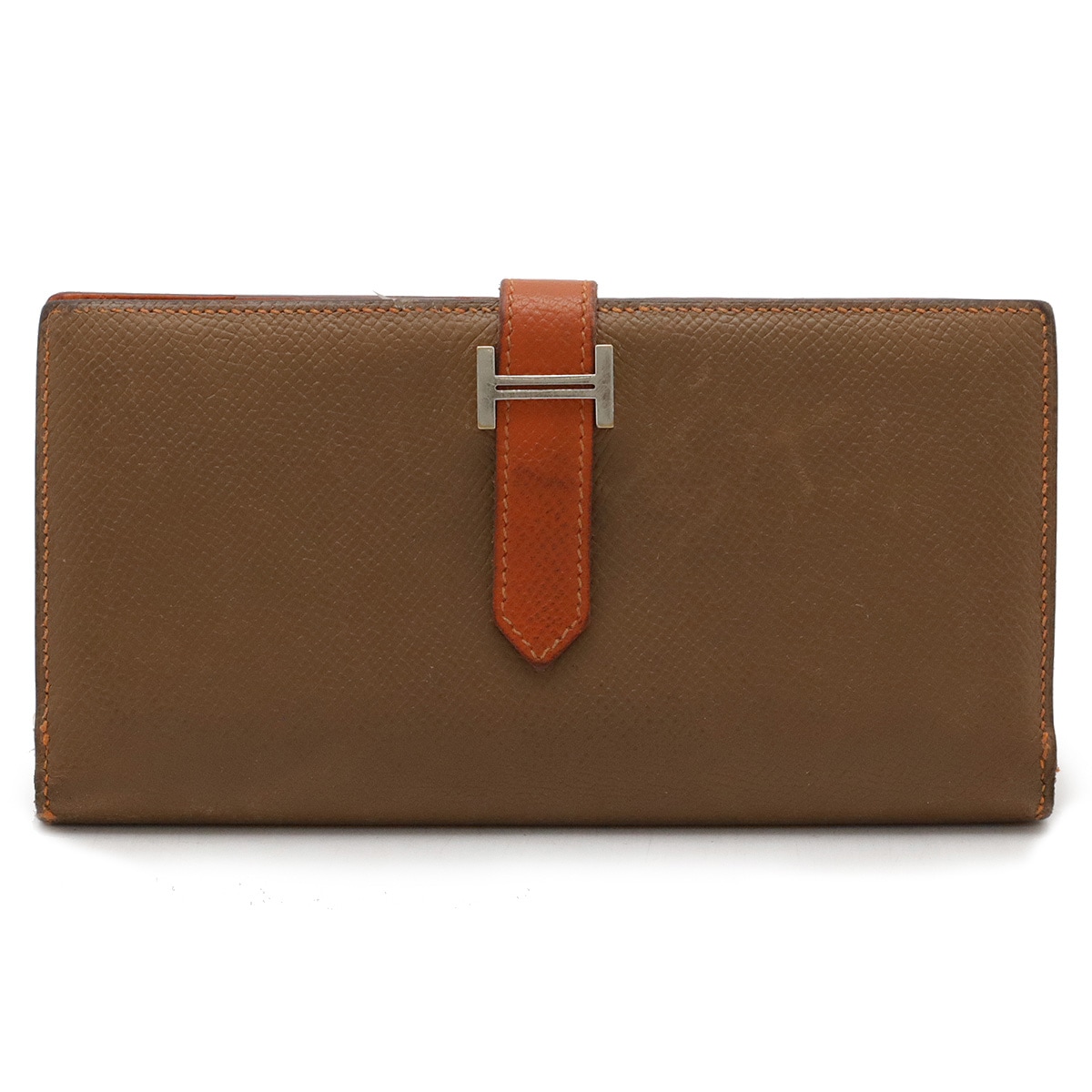 ベアンスフレ 2つ折長財布 二つ折り財布 バイカラー ヴォーエプソン レザー ベージュブラウン系 オレンジ シルバー金具 Q刻