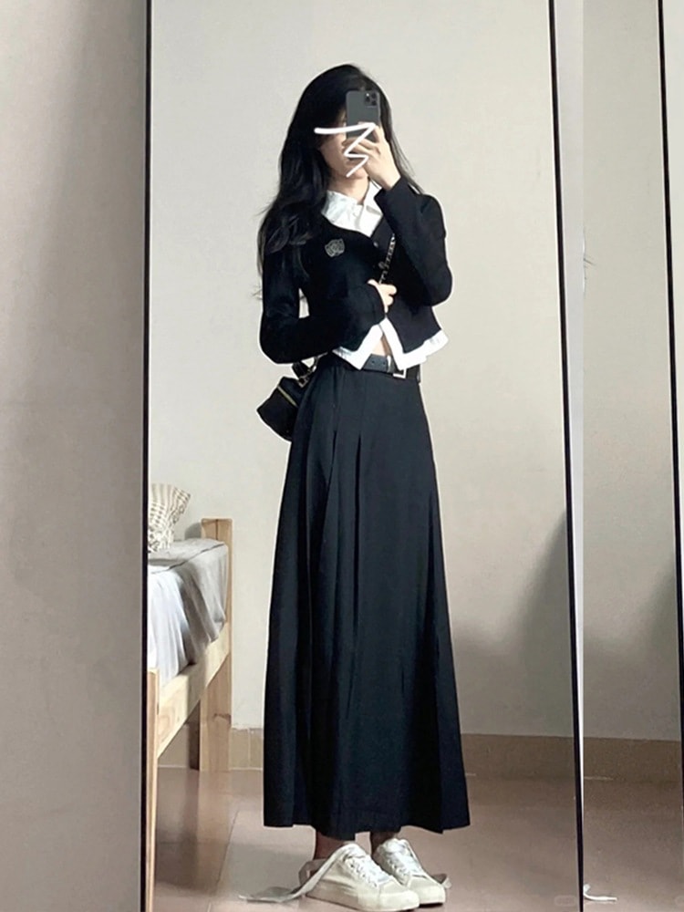 新しい初春の服カレッジスタイルブラックドレスサブ長袖女性の季節シニアセンスロングドレスセット