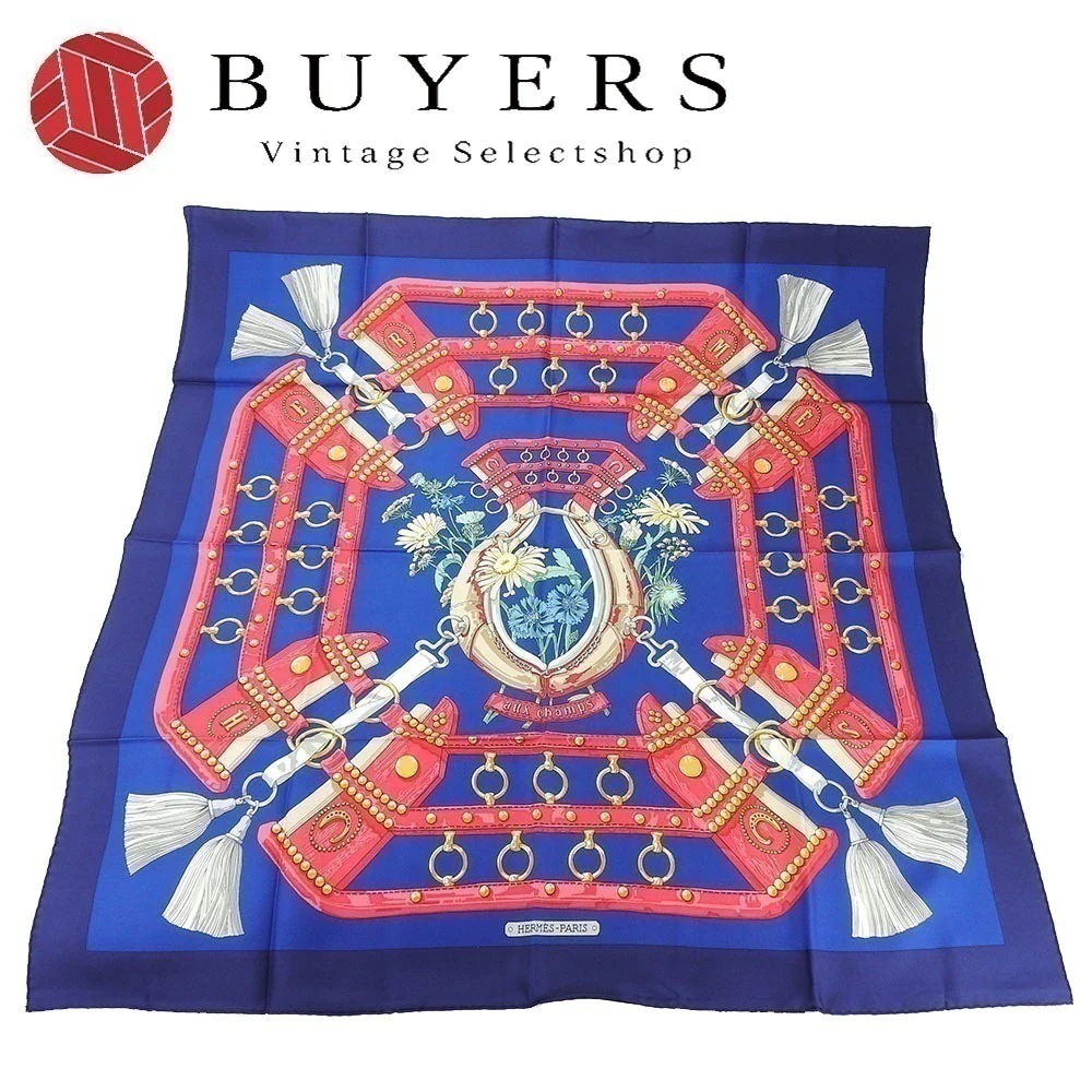 中古 エルメス スカーフ カレ90 シルク100％ フィールドへ aux champs ネイビー ブルー ピンク レディース 女性 HERMES CARRE90 scarf silk