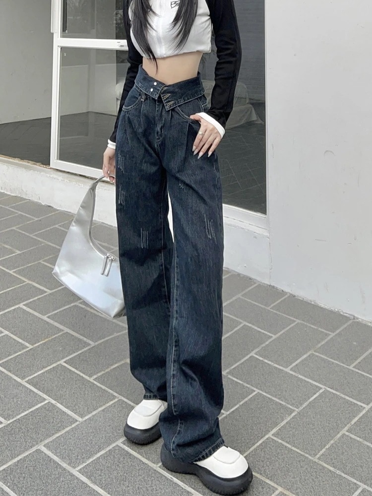 ワイドレッグジーンズ女性春春冬春と春のハイウエストデザインセンスニlッチ緩い薄いストレートドレープフラップドラッグズボン潮