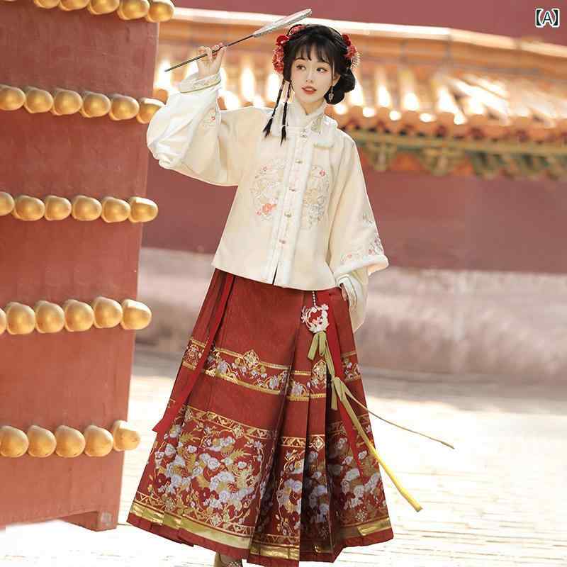 漢服 フェミニン セットアップ スカート スーツ チャイナ風 プリーツ 花柄 ドラゴン 金柄 赤 衣装 レディース 春秋 舞台 祭り 伝統 レトロ 文化 豪華 華やか モダン