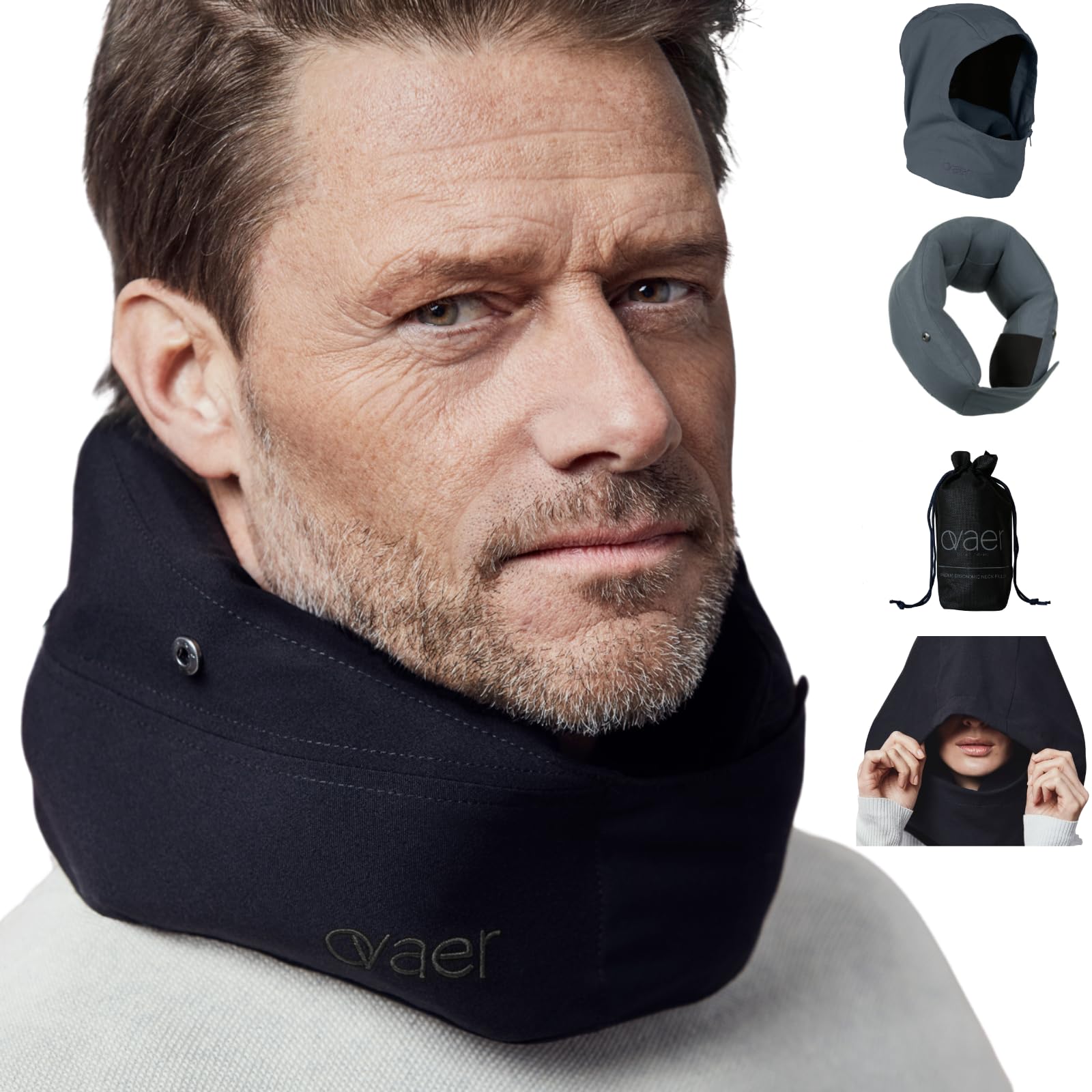 Ovaer ネックピロー フード付き エアー 飛行機 コンパクト 旅行 トラベルピロー 洗える 携帯枕 収納袋つき (ブルー・ラグーン)