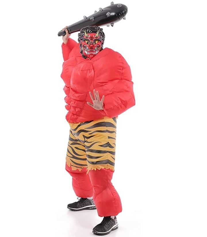 節分 デラックス ムキムキ 鬼 風船型 衣装 コスチューム お面 金棒 セット(赤鬼)