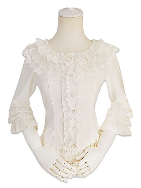 【短納期】ロリィタブラウスホワイトシフォンカジュアルロココ調ラウンドネック無地長袖