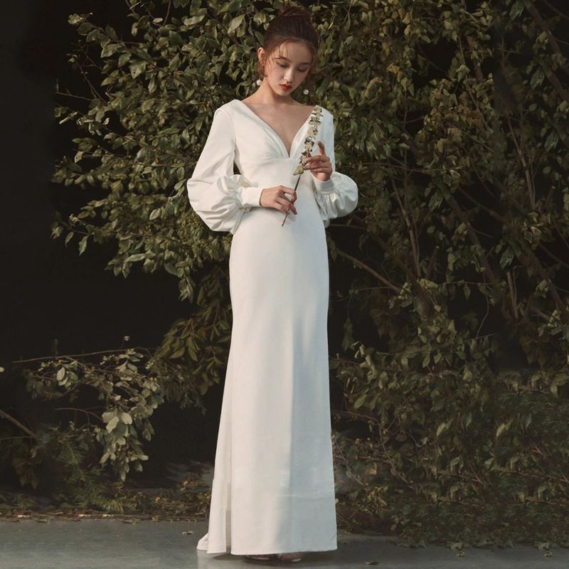 今日限りでウェディングドレス 長袖 ロングドレス 二次会 前撮り Aラインドレス wedding dress 海外挙式ドレス 結婚式 シンプル パーティードレス ブライダル スレンダーライン 花嫁 フ