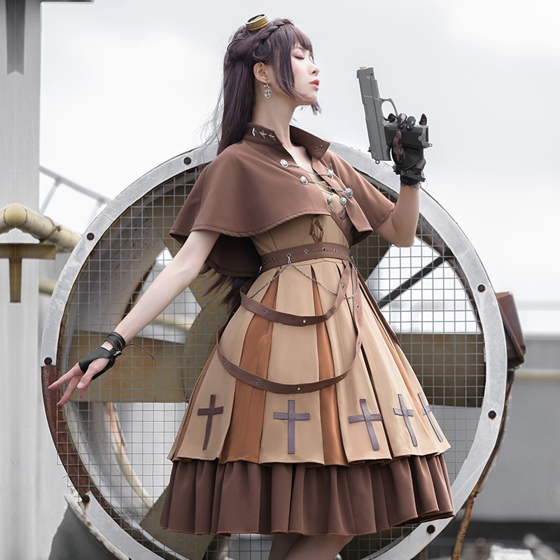 純色レトロミリタリー風 ロリータワンピースフルセット