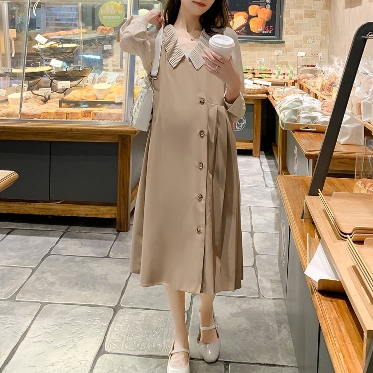 【日本未発売/送料無料】マタニティ ワンピース レイヤード風 サイドプリーツ Vネック 襟付き