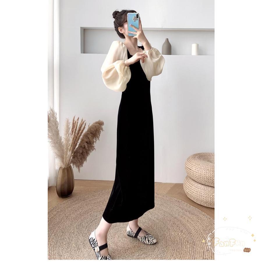 ベロアワンピース レディース ロングワンピ 長袖 春 ワンピース レトロ バルーンスリーブ ドレス マキシ丈ワンピース バーティー 結婚式 宴会