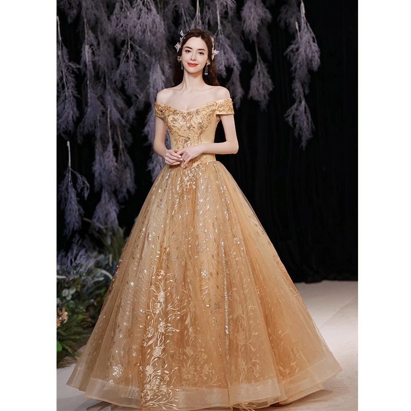 カラードレス オフショルダー 前撮りドレス 編み上げタイプ 演奏会用ドレス ステージ 衣装 ピアノ発表会 二次会 披露宴 ロングドレス Aラインドレス パーティードレス ワンピース きれいめ 花嫁 フ