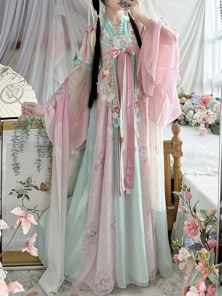 晴月オリジナルの齐胸襦裙漢服女性用2026年春夏改良された唐風の仙気ピンクの古装