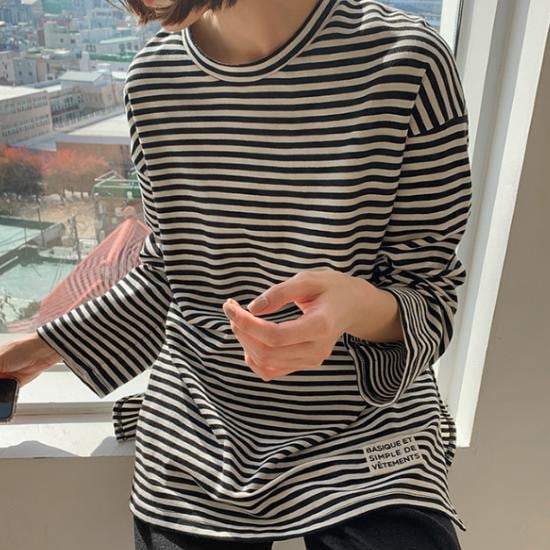 カットソー 長袖 レディース ボーダーシャツ ボーダー柄 長袖Ｔシャツ トップス カットソー ロンＴ シンプル 無地 ボーダー 長め ラウンドネック サイドスリット ワンポイントタグ付き カジュアル