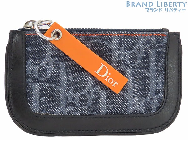 ほぼ新品クリスチャンディオールトロッターフライトラインキーリング付きコインケース小銭入れコンパクト財布ネイビーオレンジ