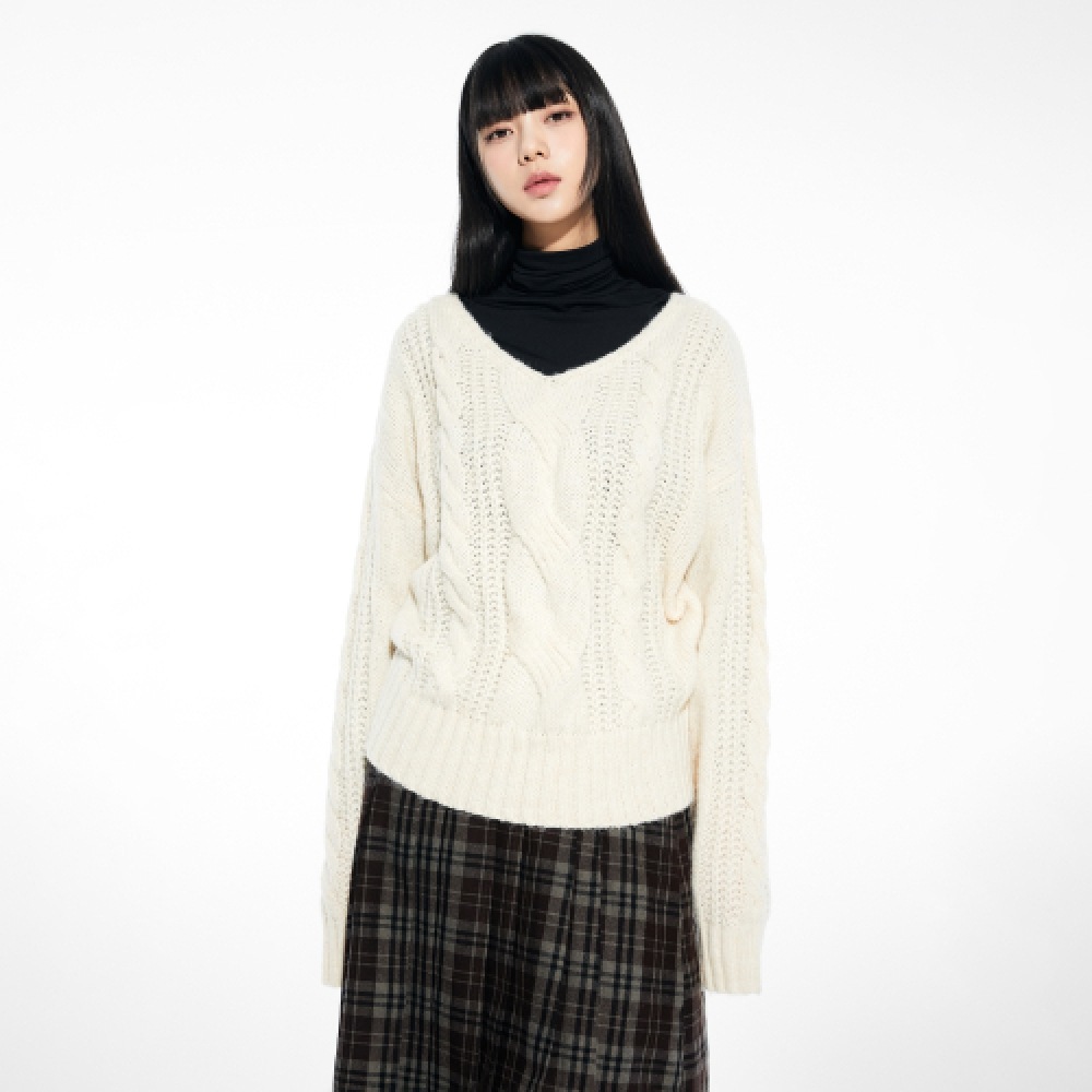 MIXXO ウールブレンド Vネックケーブルプルオーバー_miwkaec29T
