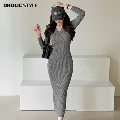 [メガ割りSALE]Vネックスリムリブニットワンピース・p466865